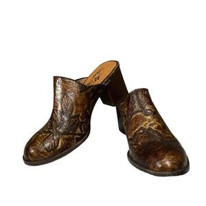 Patricia Nash mules chocolate & gold round toe chunky heel slip on